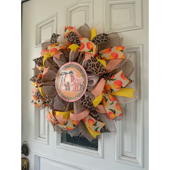 Handmade Peach Leopard Print Deco Mesh Wreath, Summer Front Door Hanger Decor - Picture 6 of 7